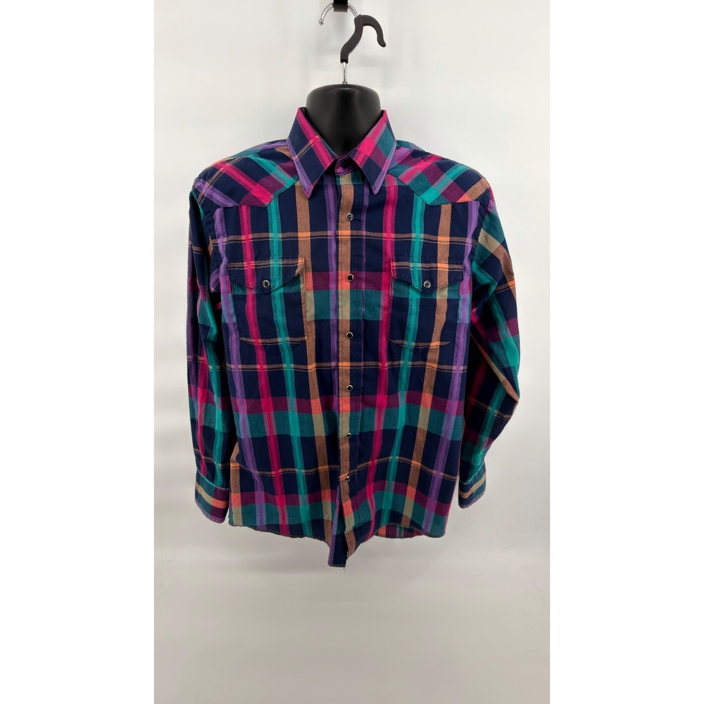 Vintage 90 Wrangler Cowboy Cut Pearl Snap Shirt Mens 16x34 L Teal Pink Plaid USA